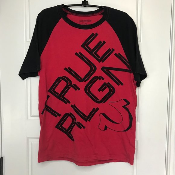 True Religion Mens TRUE DIAG Raglan Tee Short Sleeve Red Black 100% Cotton Large - Picture 2 of 11